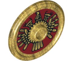 Minifigure, Shield Round with Stud and Ring Around Edge with Dark Red and Gold Aztec Pattern