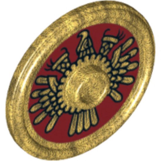 Minifigure, Shield Round with Stud and Ring Around Edge with Dark Red and Gold Aztec Pattern