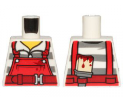 Torso Overalls Red over Prison Stripes Shirt, Dark Red Belt, Dirt Stains and Paint Brush on Back Pattern