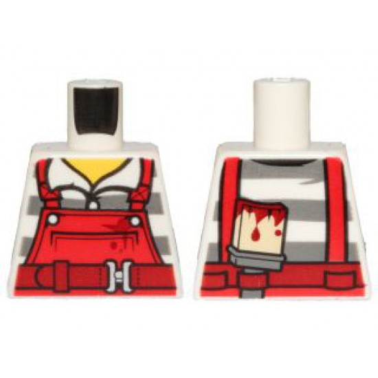 Torso Overalls Red over Prison Stripes Shirt, Dark Red Belt, Dirt Stains and Paint Brush on Back Pattern