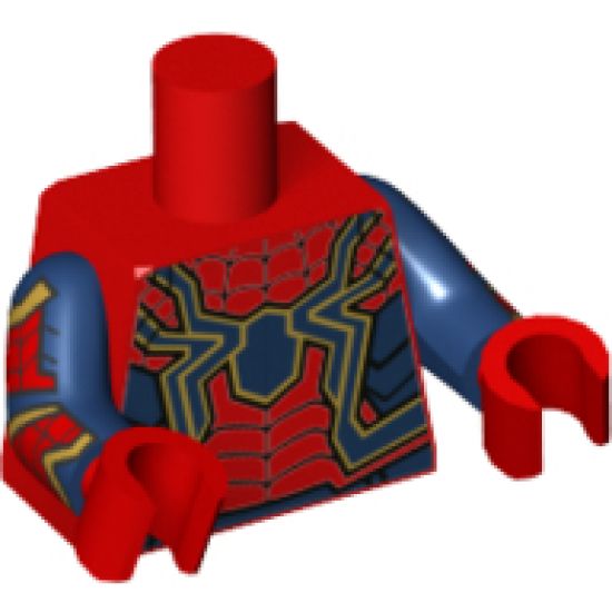 Torso with Large Dark Blue Spider, Black Webs, Gold and Blue Trim Pattern / Dark Blue Arms with Gold and Red Armor, Black Webs Pattern / Red Hands