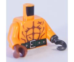 Torso Ninjago Bare Chest with Muscles Outline, Scars, Dark Green Belt on Front and Back Pattern / Orange Arms / Reddish Brown Hand Right / Pearl Dark Gray Hook Left