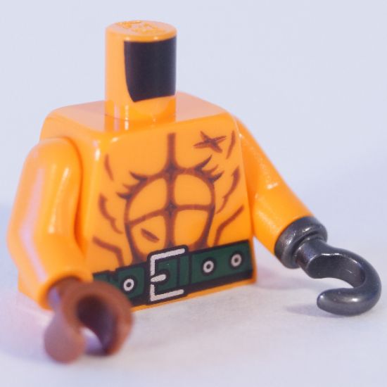 Torso Ninjago Bare Chest with Muscles Outline, Scars, Dark Green Belt on Front and Back Pattern / Orange Arms / Reddish Brown Hand Right / Pearl Dark Gray Hook Left