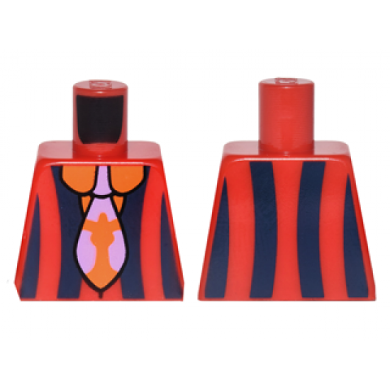 Torso Jacket with Dark Blue Vertical Stripes over Orange Collared Shirt and Lavender and Orange Tie Pattern