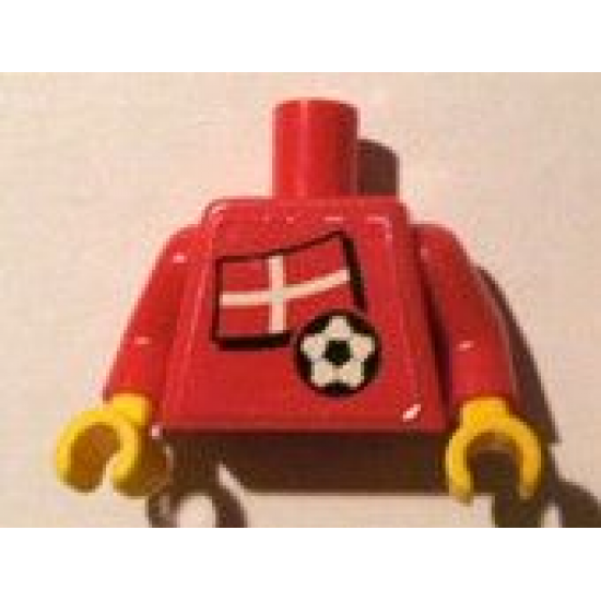 Torso Soccer Red/White Team, Danish Flag Sticker Front, Black Number Sticker Back (specify number in listing) / Red Arms / Yellow Hands