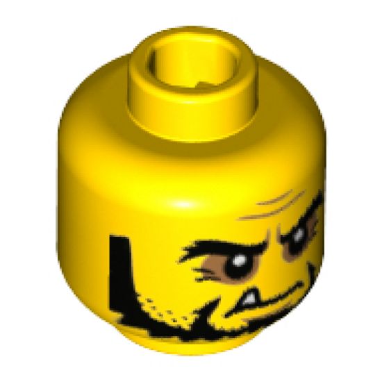 Minifigure, Head Bushy Black Eyebrows and Beard, Wrinkles and One White Fang Pattern - Hollow Stud