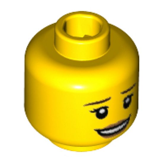Minifigure, Head Dual Sided Female Dark Brown Eyebrows, Dark Tan Lips with Open Smile / Lip and Eyebrow Raised Pattern - Hollow Stud