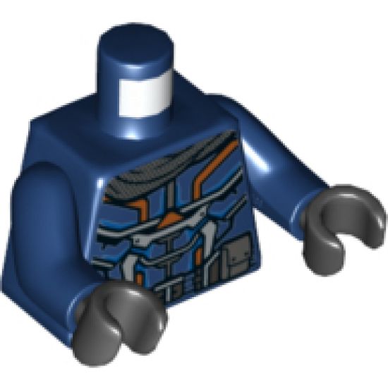 Torso Armor, Silver, Orange and Blue Highlights and Dark Bluish Gray Pockets Pattern / Dark Blue Arms / Black Hands