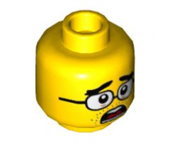 Minifigure, Head Dual Sided Thick Black Eyebrows and Stubble, Brown Glasses, Stern / Mouth Open Alarmed Pattern - Hollow Stud