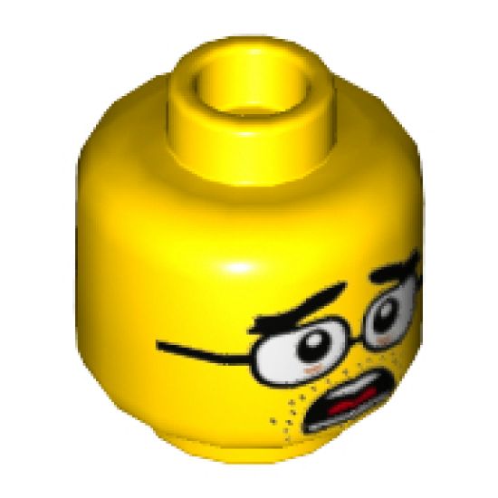 Minifigure, Head Dual Sided Thick Black Eyebrows and Stubble, Brown Glasses, Stern / Mouth Open Alarmed Pattern - Hollow Stud