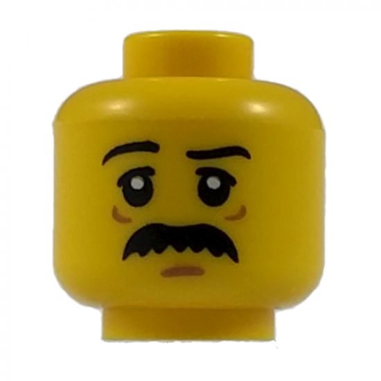 Minifigure, Head Black Eyebrows, White Pupils, Black Bushy Moustache Pattern - Hollow Stud