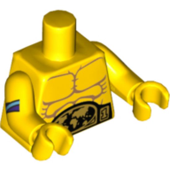 Torso Bare Chest with Muscles Outline and Belt Buckle with Gold World Map Pattern / Yellow Arms with Medium Azure and Dark Purple Stripes Pattern / Yellow Hands