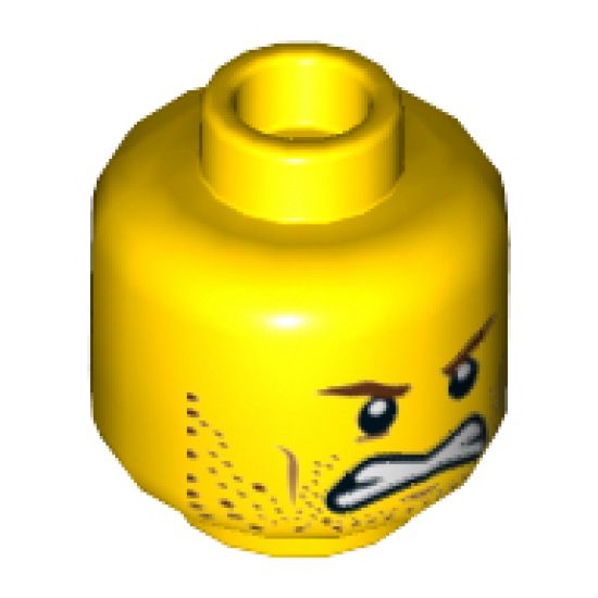 Minifigure, Head Dual Sided Male Stubble, Cheek Lines, Reddish Brown Eyebrows, Frown / Open Mouth Grimace Pattern - Hollow Stud
