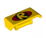 Vehicle Spoiler 2 x 4 with Bar Handle with Yellow Letter 'R' inside Black Circle (DC Robin Logo) on Red Oval Pattern