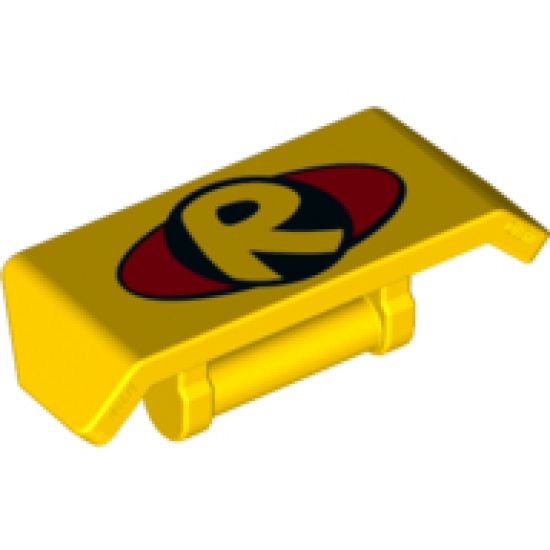 Vehicle Spoiler 2 x 4 with Bar Handle with Yellow Letter 'R' inside Black Circle (DC Robin Logo) on Red Oval Pattern