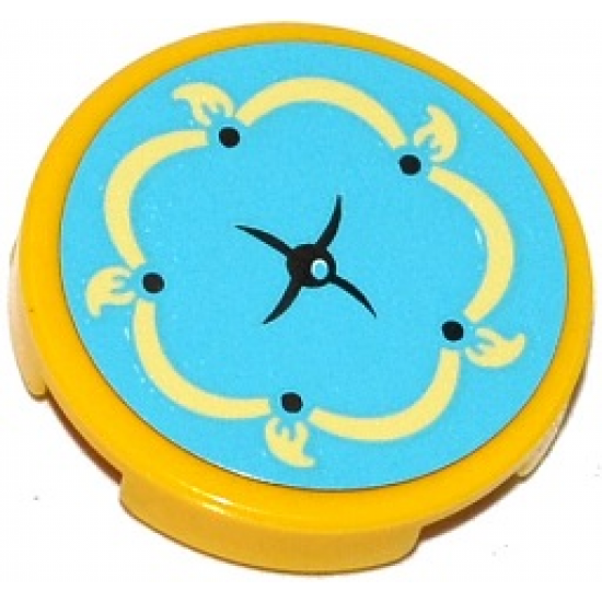 Tile, Round 2 x 2 with Bottom Stud Holder with Medium Azure Cushion with Bright Light Yellow Trim and Tassels Pattern (Sticker) - Set 41140