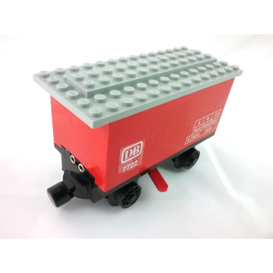 Train Battery Box Car with Three Contact Holes, Red Switch Lever, Black Magnets, Black Wheels, and Light Gray Roof with 'DB 7722' Pattern on Both Sides (Stickers) - Set 7722