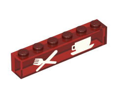 Brick 1 x 6 without Bottom Tubes with White Knife & Fork, Cup & Saucer Pattern