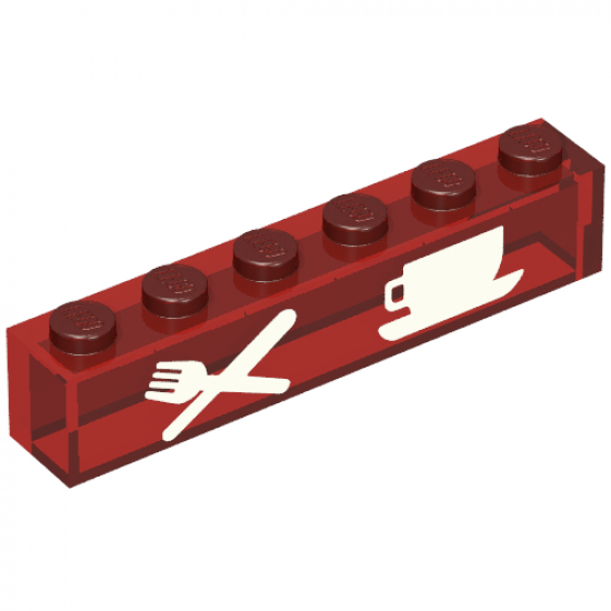 Brick 1 x 6 without Bottom Tubes with White Knife & Fork, Cup & Saucer Pattern