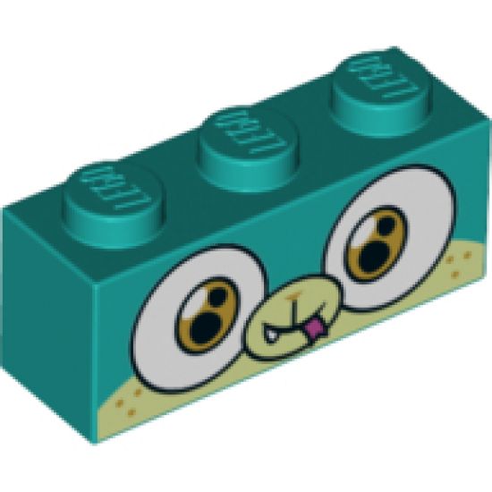 Brick 1 x 3 with Dog Face Wide Eyes Smiling, Light Green Muzzle and Snout, Closed Mouth and Tongue Pattern (Alien Puppycorn)