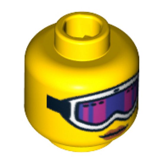 Minifigure, Head Female Glasses with White Ski Goggles with Pink and Purple Glass, Strap and Red Lips Pattern - Blocked Open Stud
