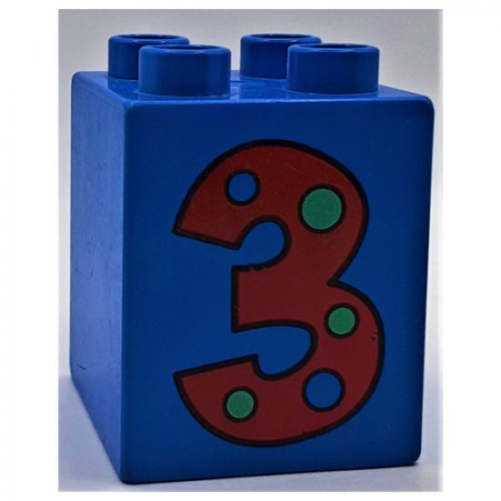 Duplo, Brick 2 x 2 x 2 with Number 3 with Polka Dots Pattern