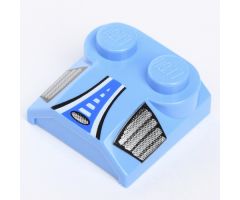 Slope, Curved 2 x 2 x 2/3 with Two Studs and Curved Sides, Lip End with Blue/White Stripe and Silver Side Vents Pattern