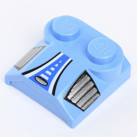 Slope, Curved 2 x 2 x 2/3 with Two Studs and Curved Sides, Lip End with Blue/White Stripe and Silver Side Vents Pattern
