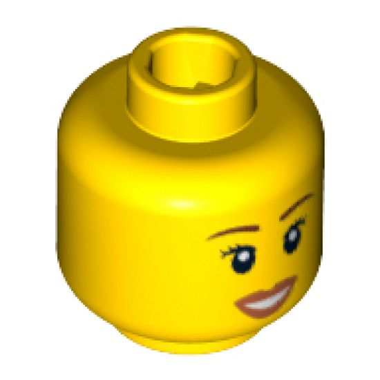 Minifigure, Head Female with Peach Lips, Open Mouth Smile, Brown Eyebrows Pattern - Blocked Open Stud