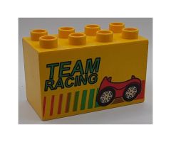 Duplo, Brick 2 x 4 x 2 with 'TEAM RACING', Stripes and Red Car Pattern