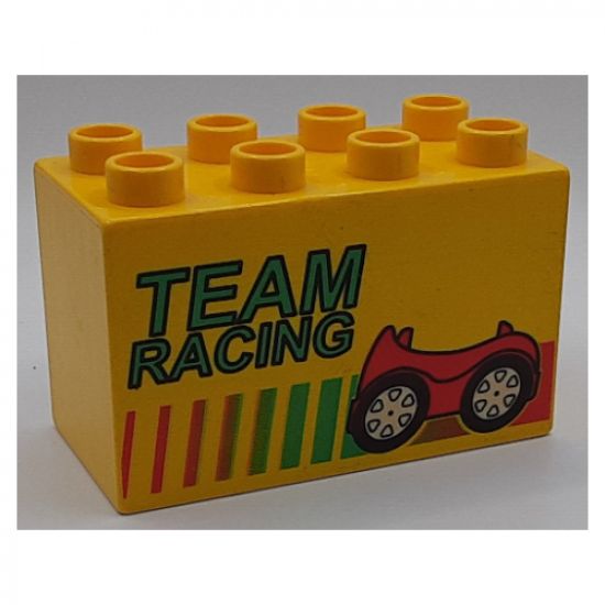 Duplo, Brick 2 x 4 x 2 with 'TEAM RACING', Stripes and Red Car Pattern