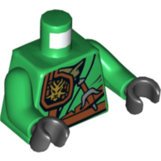 Torso Ninjago Robe with Belt, Knife, Scabbard and Gold Dragon Head Emblem Pattern / Green Arms / Black Hands