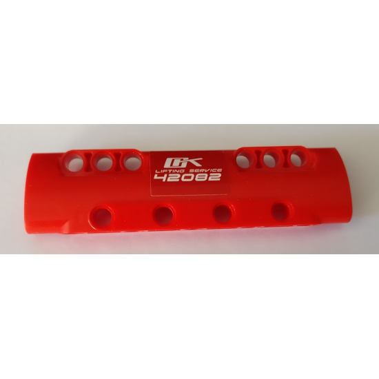 Technic, Panel Curved 11 x 3 with 10 Pin Holes through Panel Surface with 'OK LIFTING SERVICE 42082' on Red Background Pattern (Sticker) - Set 42082