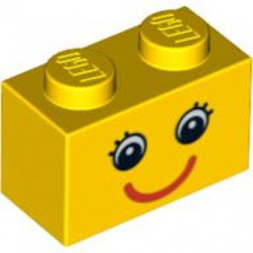 Brick 1 x 2 with Eyes with Eyelashes and Red Smile Pattern