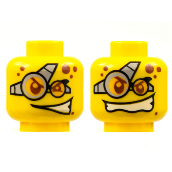 Minifigure, Head Dual Sided Red Spots and Glasses, Determined / Evil Smile Pattern - Blocked Open Stud