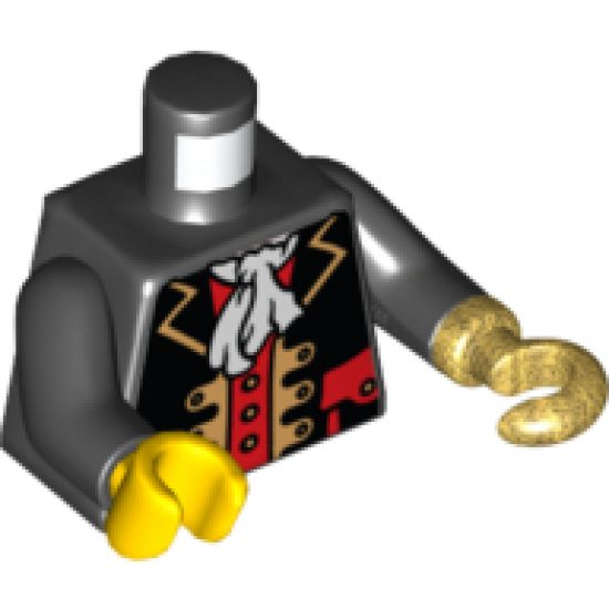 Torso Pirate Captain with White Ascot Front, 2012 The LEGO Store Vancouver, BC Back Pattern / Black Arms / Yellow Hand Right / Pearl Gold Hook Left