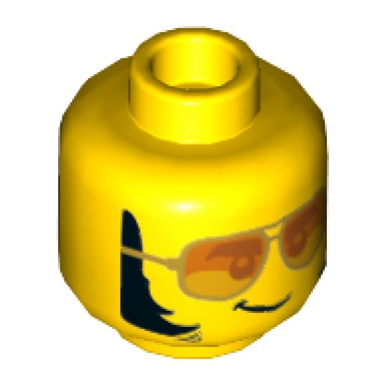 Minifigure, Head Glasses, Orange Sunglasses with Silver Frames, Lopsided Grin, Thick Sideburns Pattern - Hollow Stud