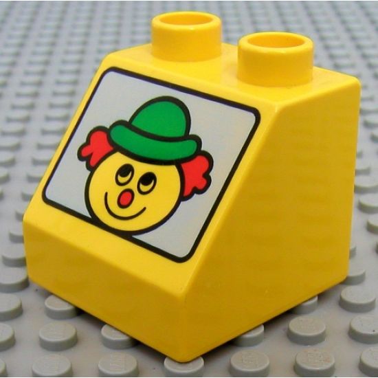 Duplo, Brick 2 x 2 x 1 1/2 Slope 45 with Face with Clown Pattern