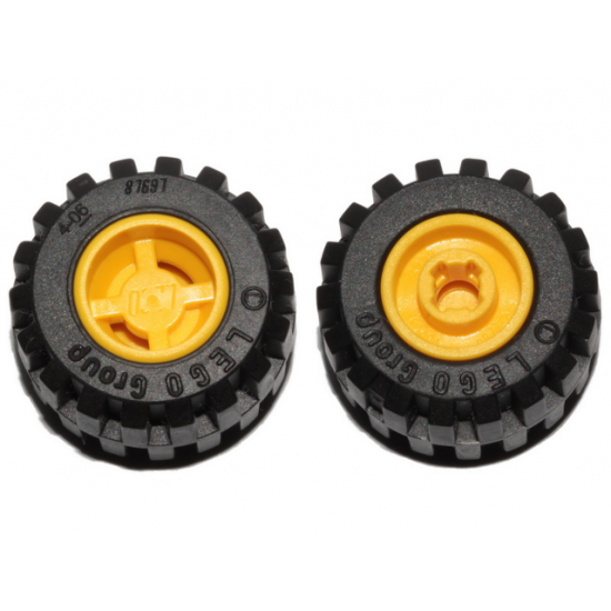 Wheel & Tire Assembly 11mm D. x 12mm, Hole Notched for Wheels Holder Pin with Black Tire Offset Tread Small Wide, Band Around Center of Tread (6014b / 87697)