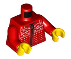 Torso Winter Jacket with Zipper and Knitted White Hashmarks, Triangles, Lines and Squares Pattern / Red Arms / Yellow Hands