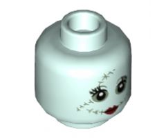 Minifigure, Head Dual Sided Alien Female, Sand Green Eye Shadow and Stitching, Dark Red Lips Small Smile, Closed Mouth / Showing Teeth Pattern - Hollow Stud