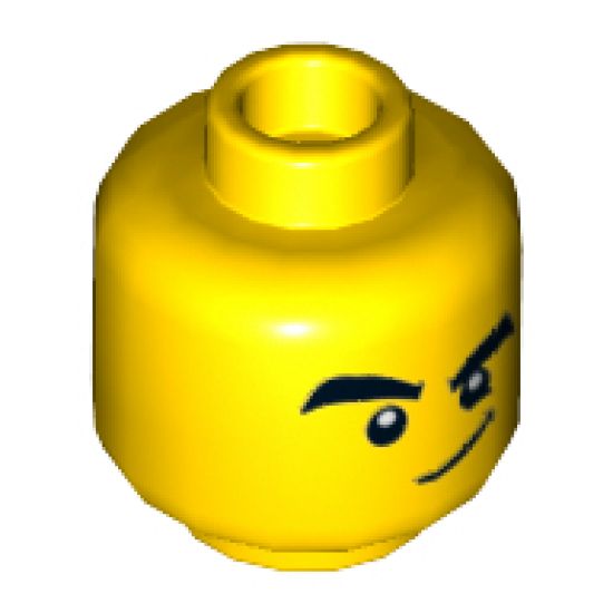 Minifigure, Head Dual Sided Black Thick Eyebrows and Eyes with White Pupils with Smirk / Angry with Open Mouth with White Teeth Pattern - Hollow Stud