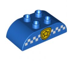 Duplo, Brick 2 x 4 Curved Top with White Checkered Stripe and Police Badge Pattern