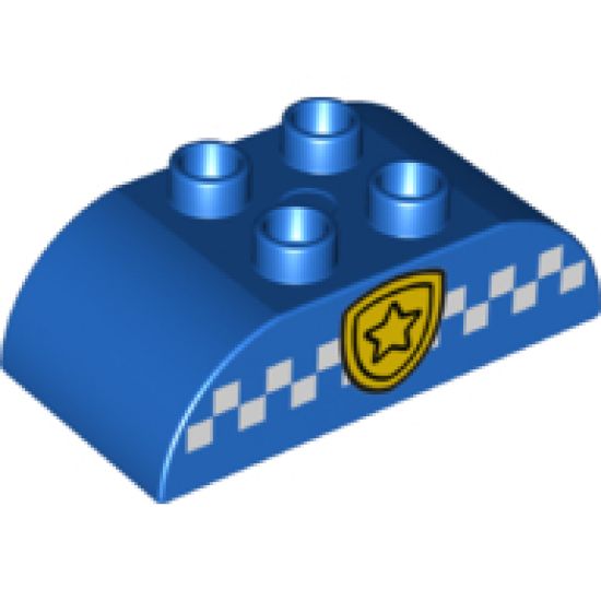 Duplo, Brick 2 x 4 Curved Top with White Checkered Stripe and Police Badge Pattern
