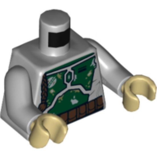 Torso SW Mandalorian Armor Plates Dark Green Pattern Dual Sided, Gray and Olive Green Patches (Boba Fett) / Light Bluish Gray Arms / Tan Hands