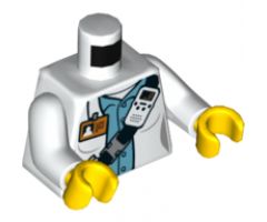 Torso Town Scientist Female with White Shirt Over Medium Blue Shirt, Name Tag, Beakers, and Radio Pattern / White Arms / Yellow Hands