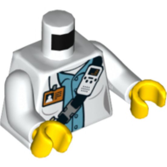 Torso Town Scientist Female with White Shirt Over Medium Blue Shirt, Name Tag, Beakers, and Radio Pattern / White Arms / Yellow Hands