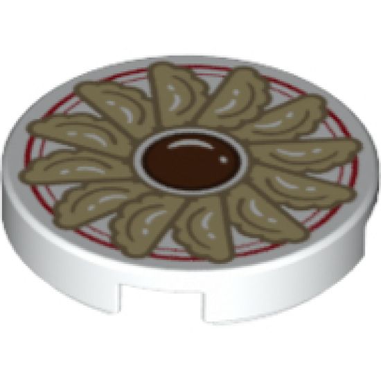 Tile, Round 2 x 2 with Bottom Stud Holder with Jiaozi and Sauce on Plate with Red Border Pattern