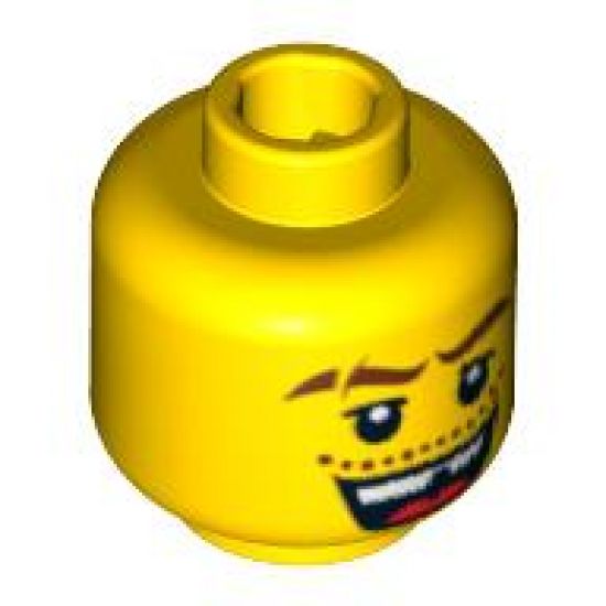 Minifigure, Head Male Thick Brown Eyebrows with Scar, Open Mouth with Missing Tooth, White Pupils Pattern - Blocked Open Stud