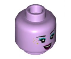 Minifigure, Head Female Black Eyebrows, Dark Turquoise Eye Shadow, Gold Star Freckles, Magenta Lips and Open Smile Pattern - Hollow Stud